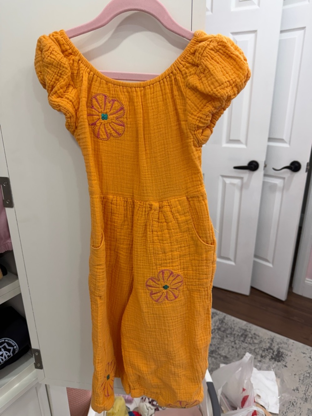 Peek Girls' Bright Orange Puff-Sleeve Romper with Floral Embroidery